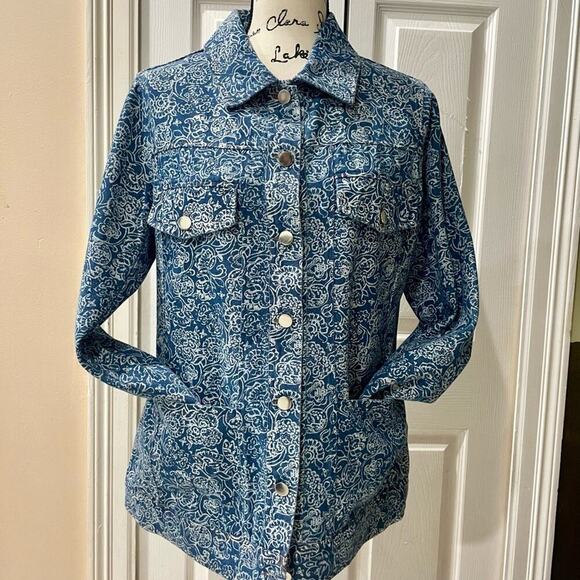 SOLITAIRE DENIM JACKET CRAFTED FLORAL PRINT 4 POCKETS SZ M VERSATILE AESTHETIC - Picture 12 of 14